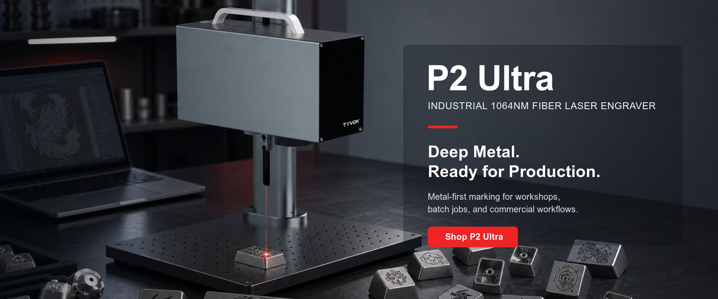 Tyvok P2 Ultra industrial fiber laser engraver homepage banner with headline text