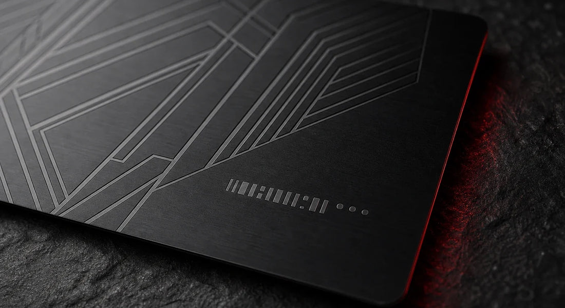AI concept of a close-up geometric engraving on a black metal card