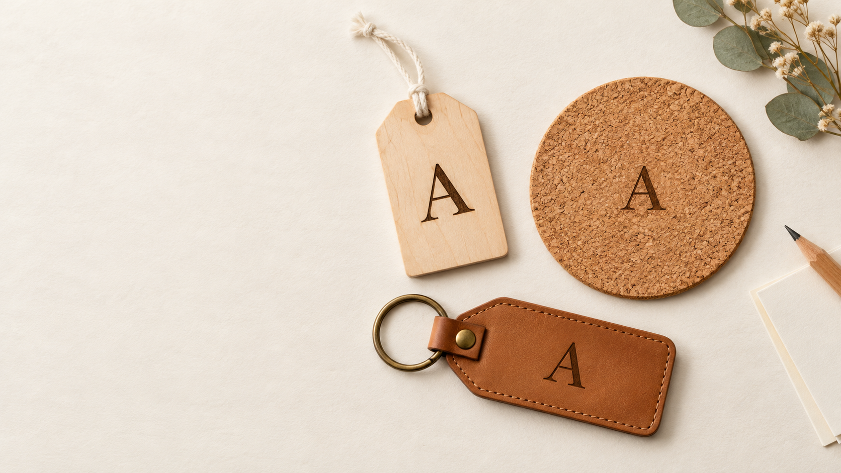 Illustrative gift-set concept with an A monogram on a wooden tag, cork coaster and tan leather tag.
