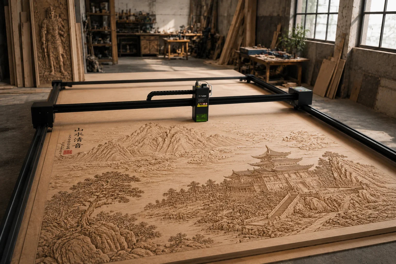 Complete X1S frame working across a broad engraved wood panel