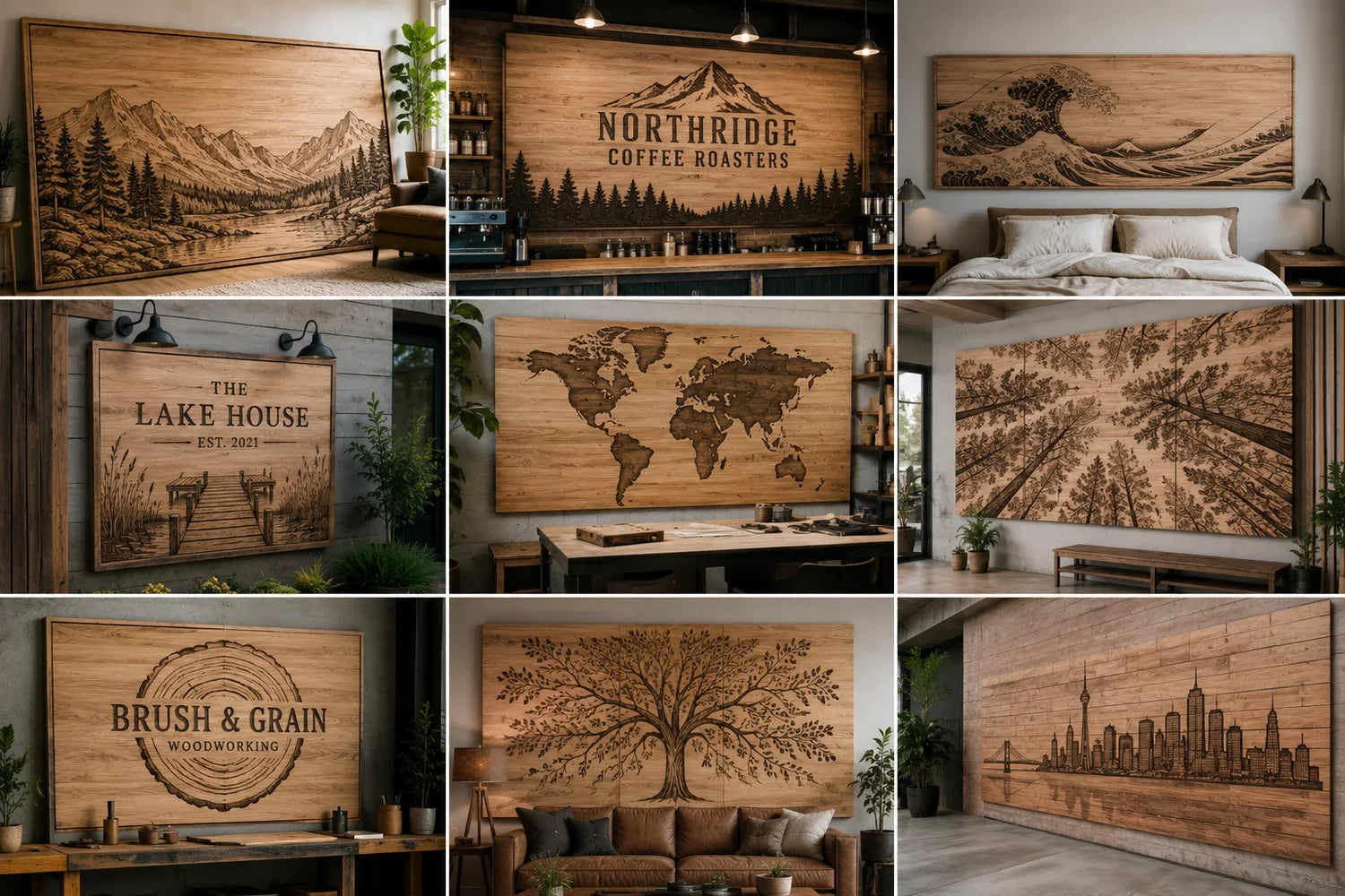 Gallery of large wood signs, maps, wall art, and retail panels