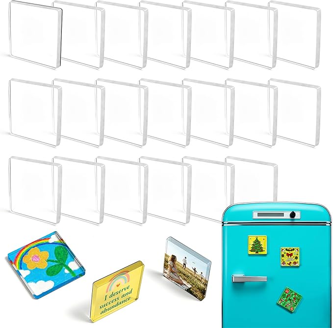 Clear Acrylic DIY Fridge Magnet Set – Square Photo Frames with Adhesive Backing for Crafts, Kitchen Decor, Classroom, Parties & Office Use