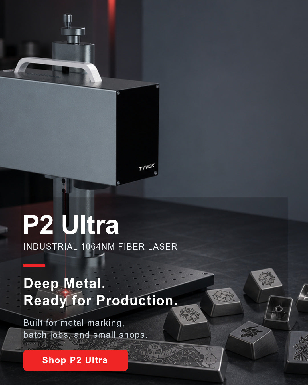 Tyvok P2 Ultra industrial fiber laser engraver mobile homepage banner with headline text