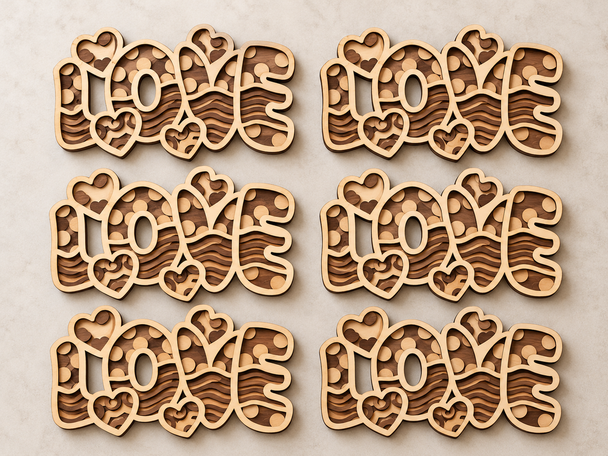 Illustrative repeat layout of six layered wooden LOVE signs
