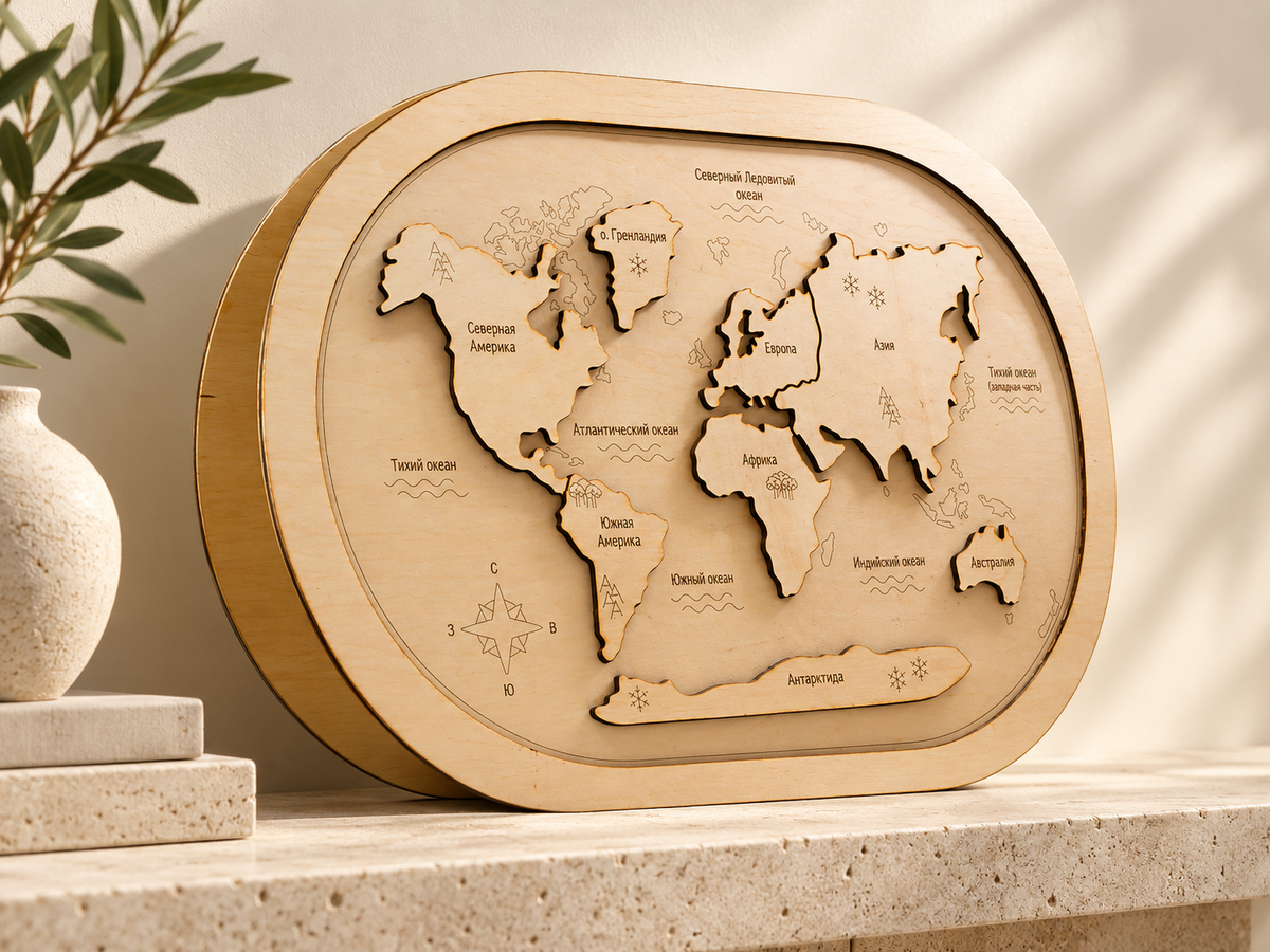Large-format wooden world-map artwork in a restyled interior