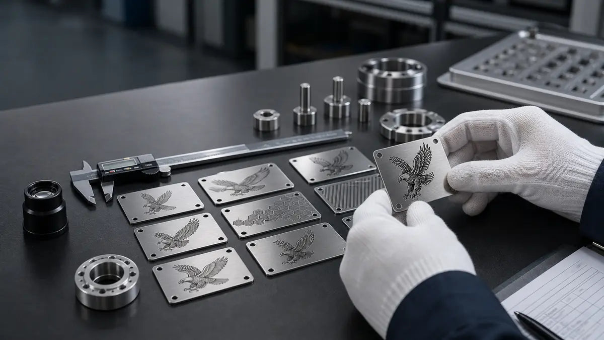 Quality inspection bench with engraved metal plates and precision tools for Tyvok P2 Ultra workflow