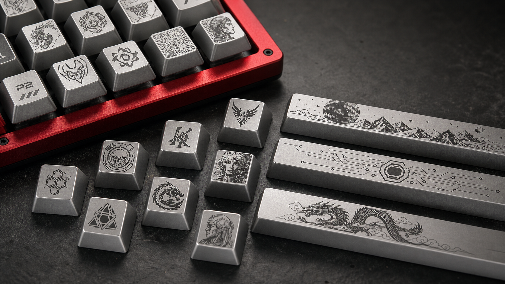 Macro detail of custom metal keycap engraving with sharp line artwork