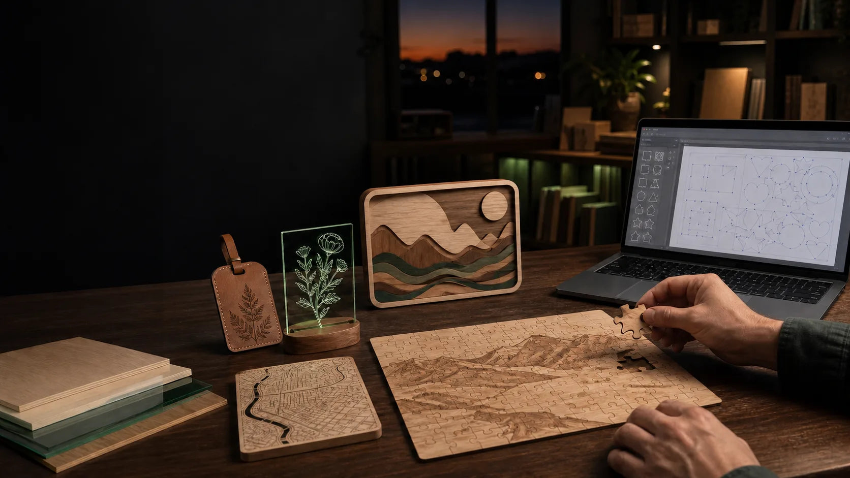 Laser-made wooden puzzle, layered artwork, engraved leather tag and acrylic light on a maker workbench