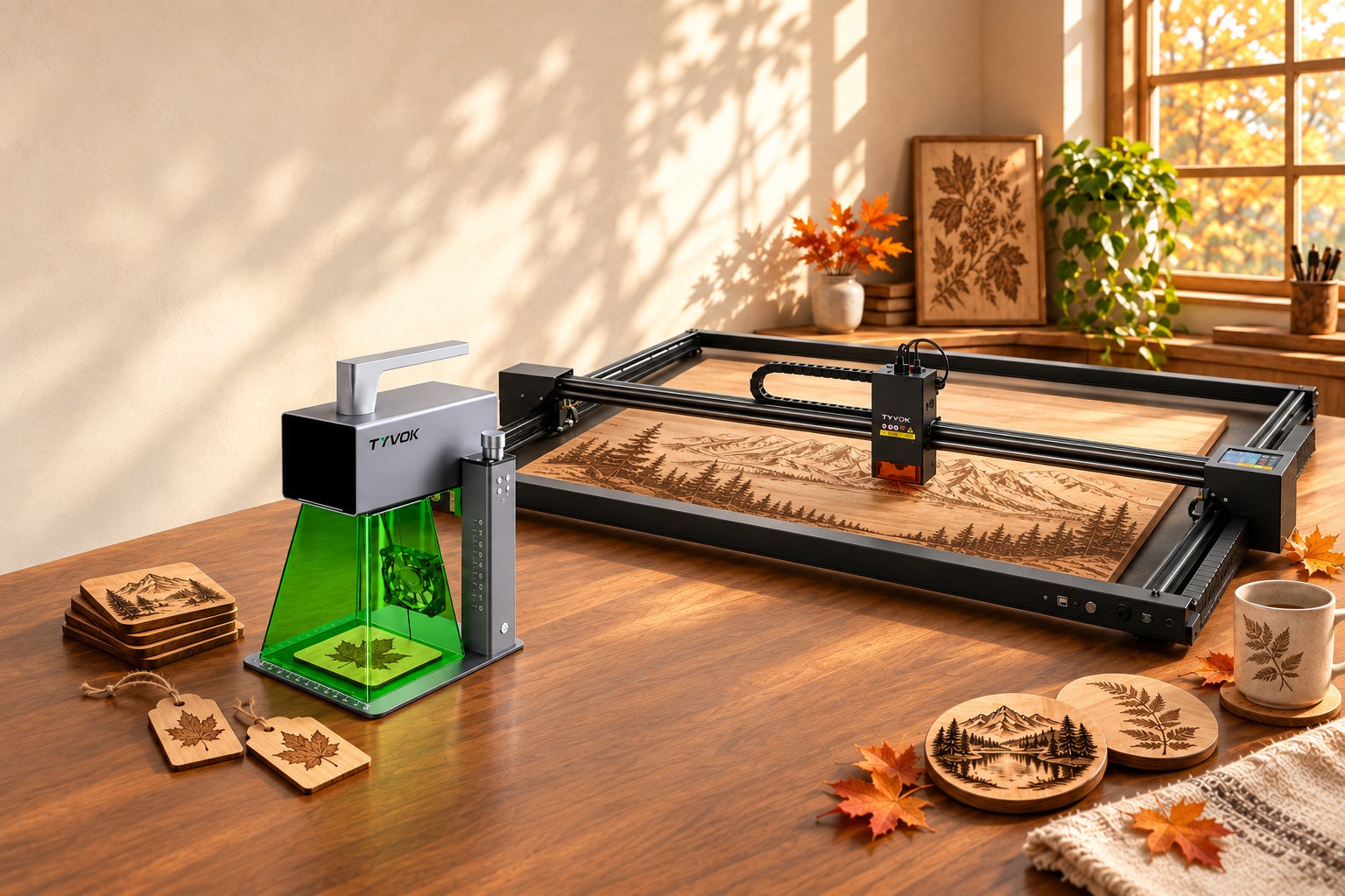 Illustrated autumn maker studio with TYVOK P2 and X1S machines, wooden tags and engraved gift ideas