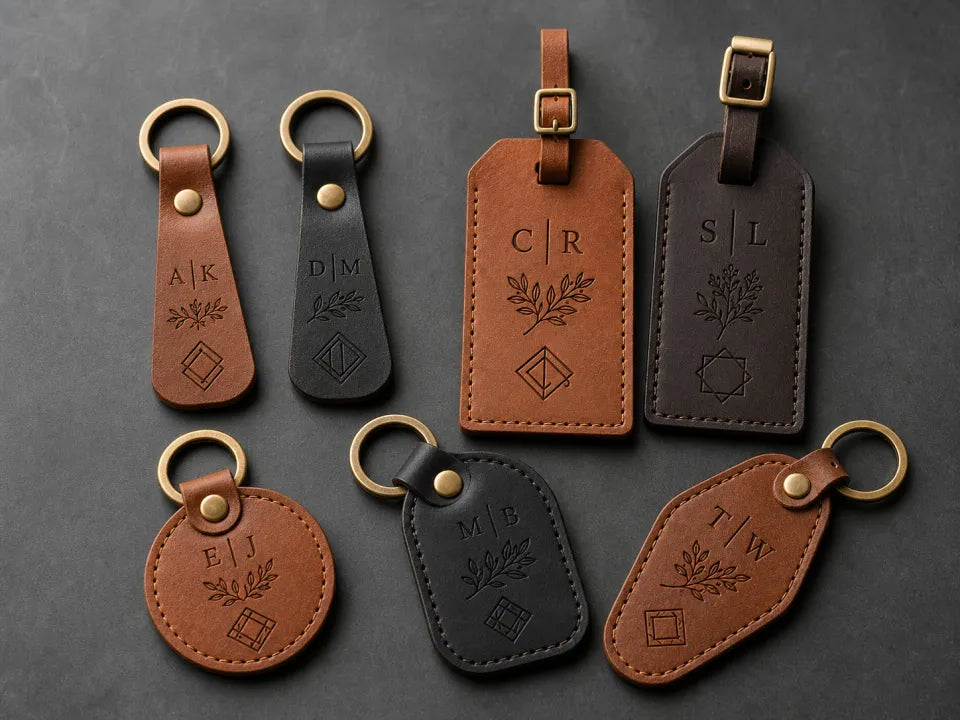 AI-assisted visualization of finished engraved leather gifts for a TYVOK P2 workflow