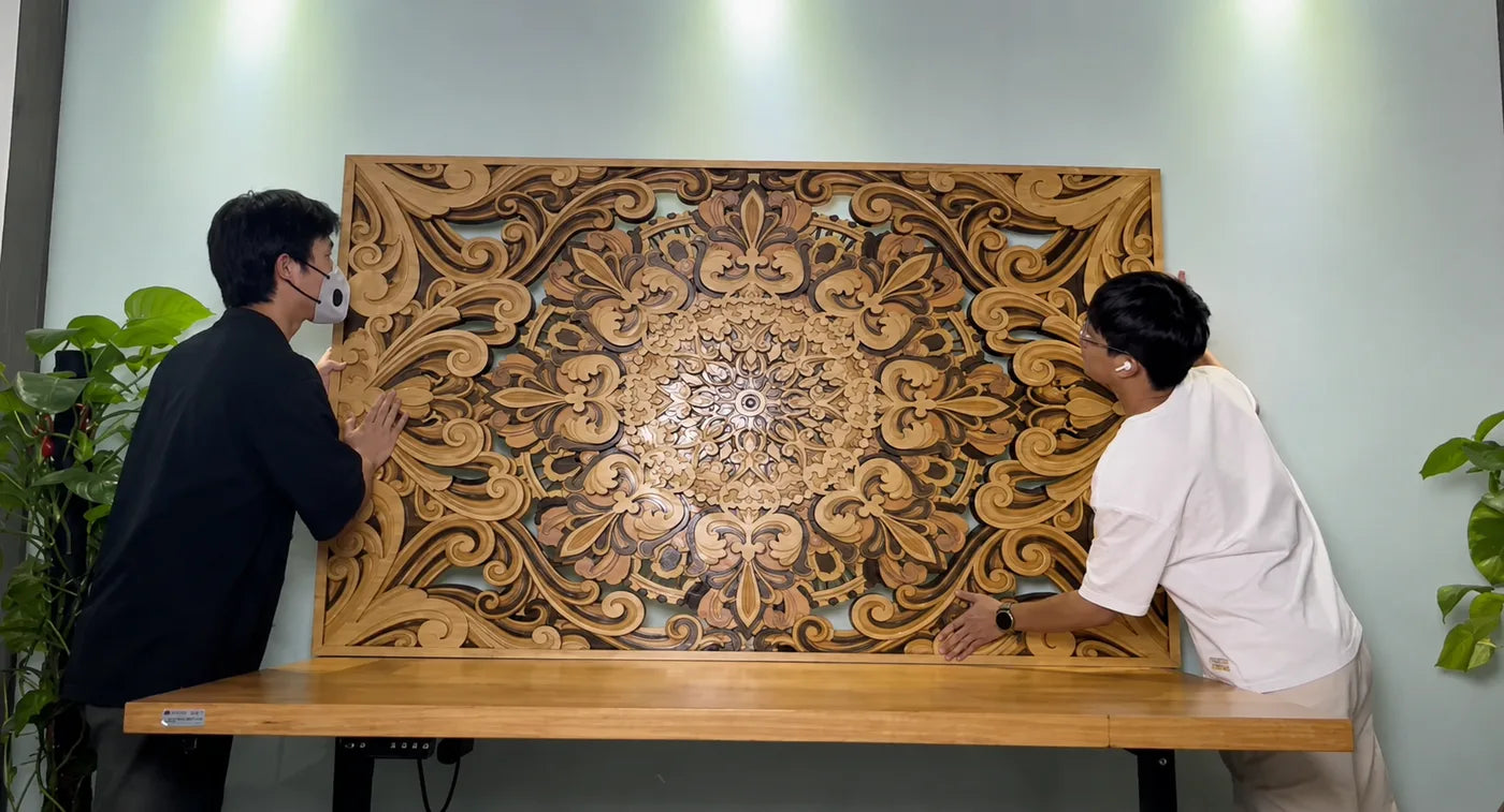 TYVOK large-format workflow reference with a finished layered wood panel shown at human scale