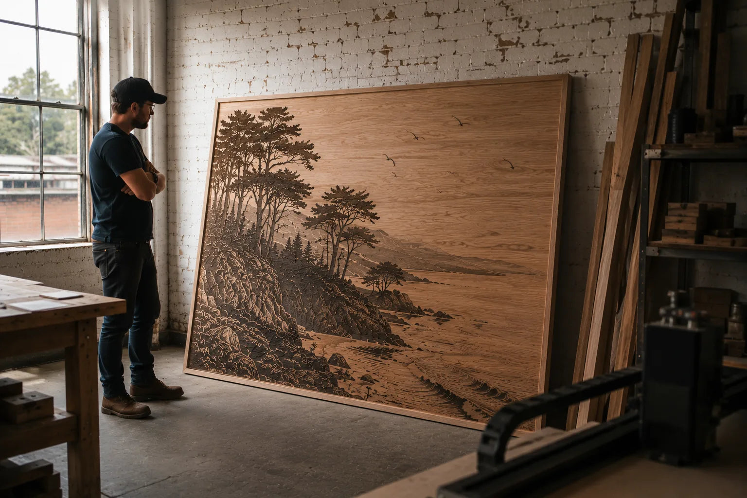 Large finished TYVOK wood project shown at human scale in a workshop