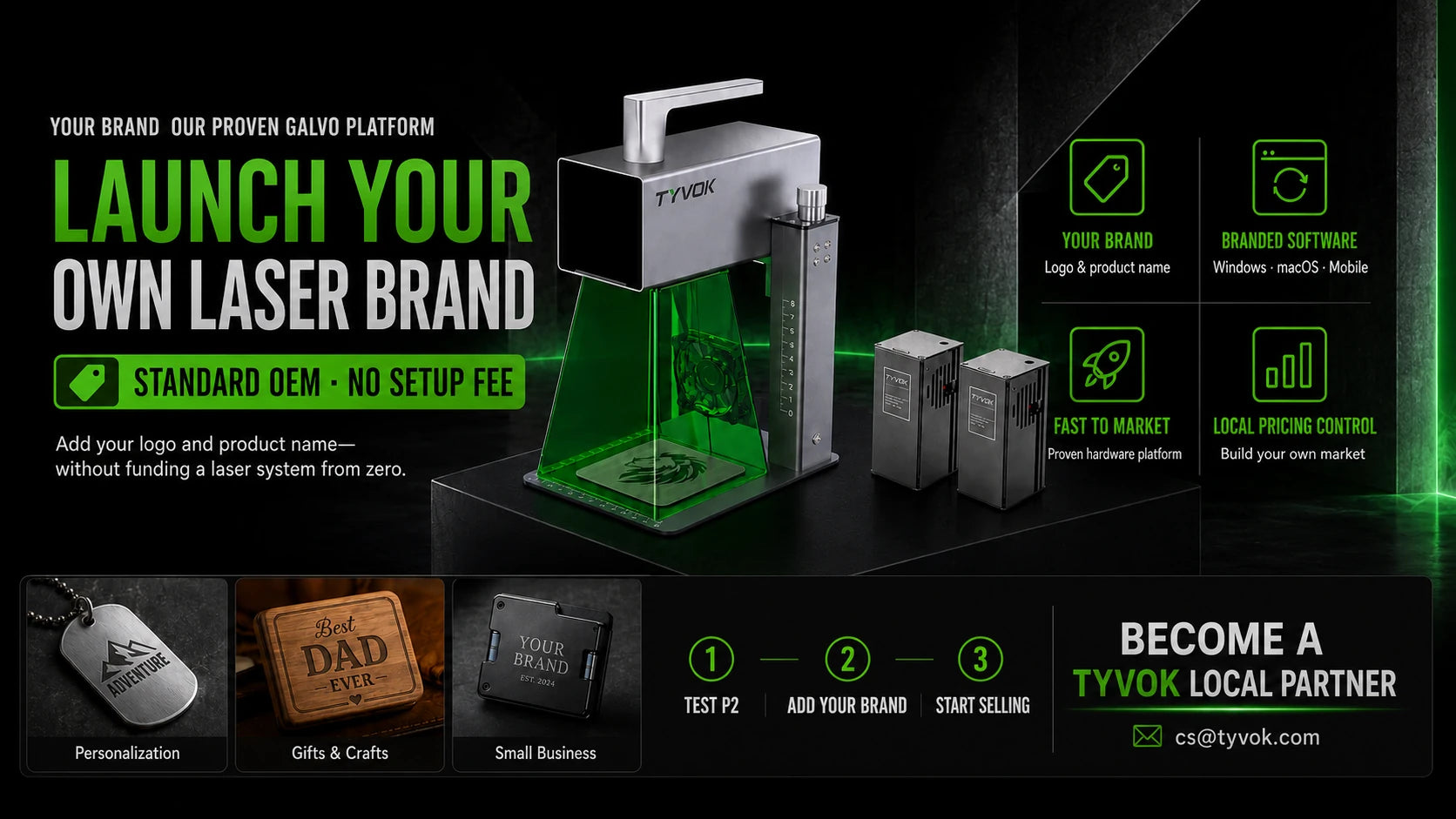 Launch your own laser brand with the TYVOK P2 OEM platform. Standard machine branding has no setup fee.