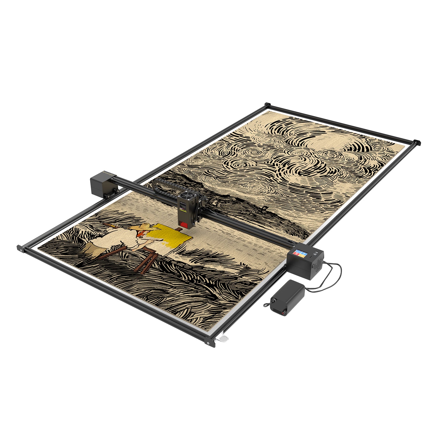 Complete-frame X1S working across a large illustrated wood panel